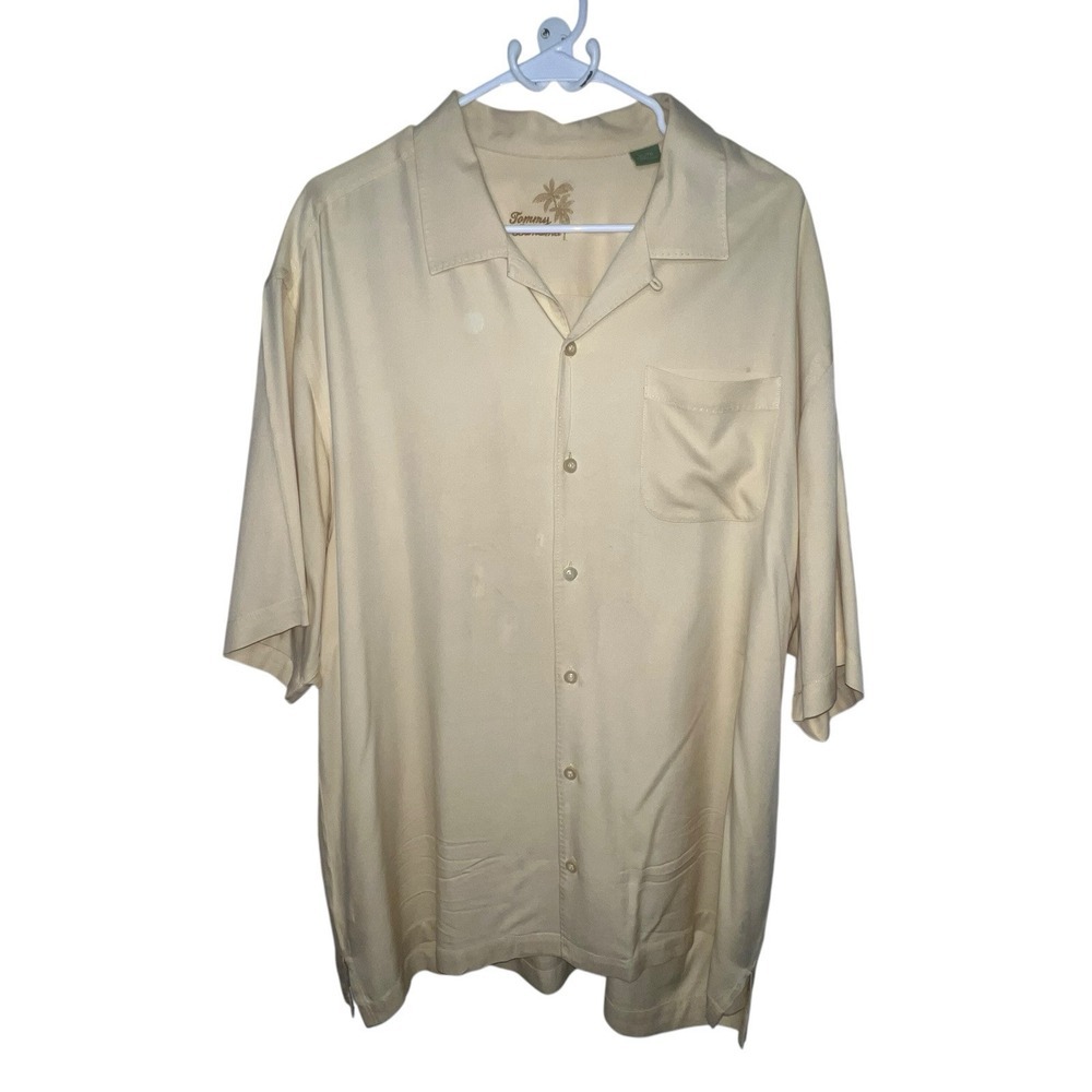 Tommy Bahama Men's 100% Silk Yellow Short Sleeve Button Up Shirt Size XL STAINS